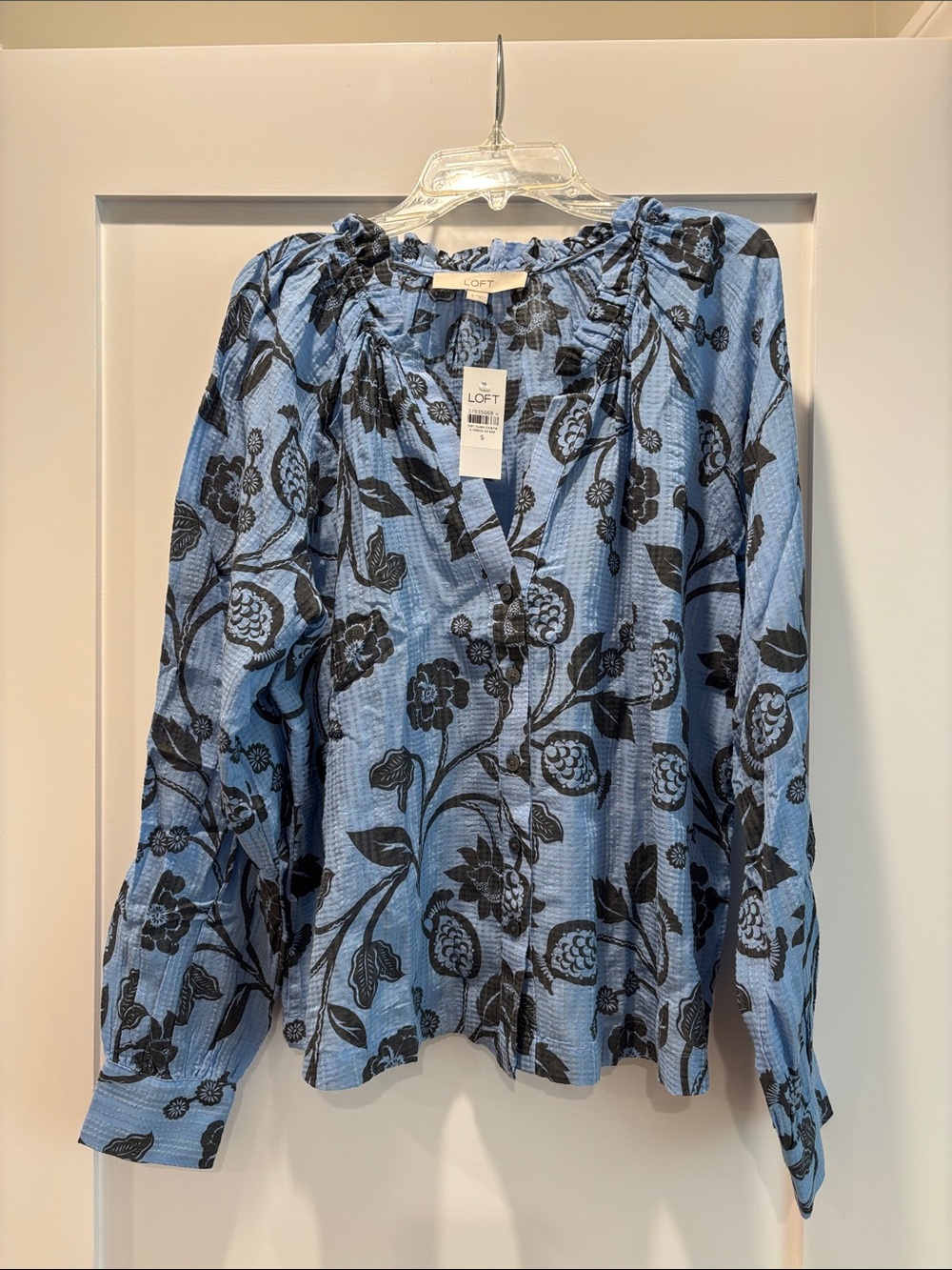 LOFT Blue Floral Button-Down Blouse with Black Print